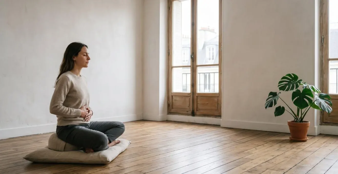Vue de profil d'une personne pratiquant la respiration abdominale profonde