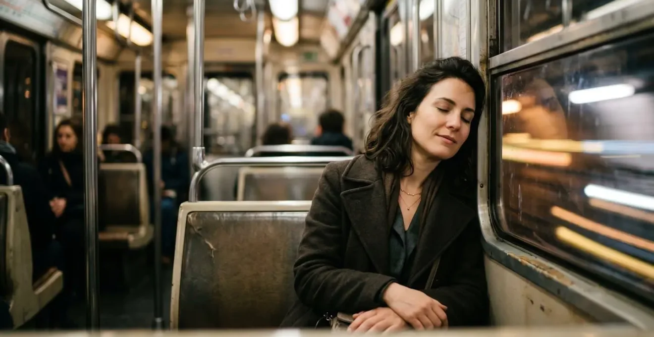 Personne calme assise dans le métro parisien pratiquant discrètement des exercices respiratoires