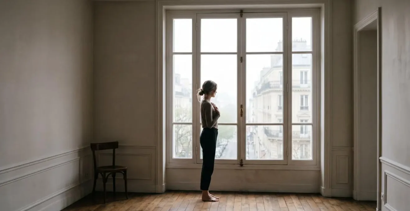 Personne pratiquant la cohérence cardiaque près d'une fenêtre avec lumière naturelle du matin