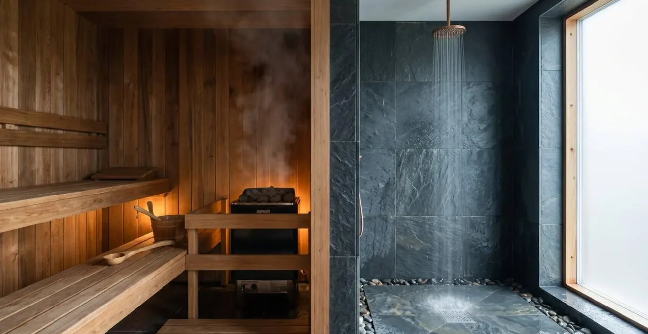 Alternance entre chaleur du sauna et froid de la douche illustrant le choc thermique bénéfique