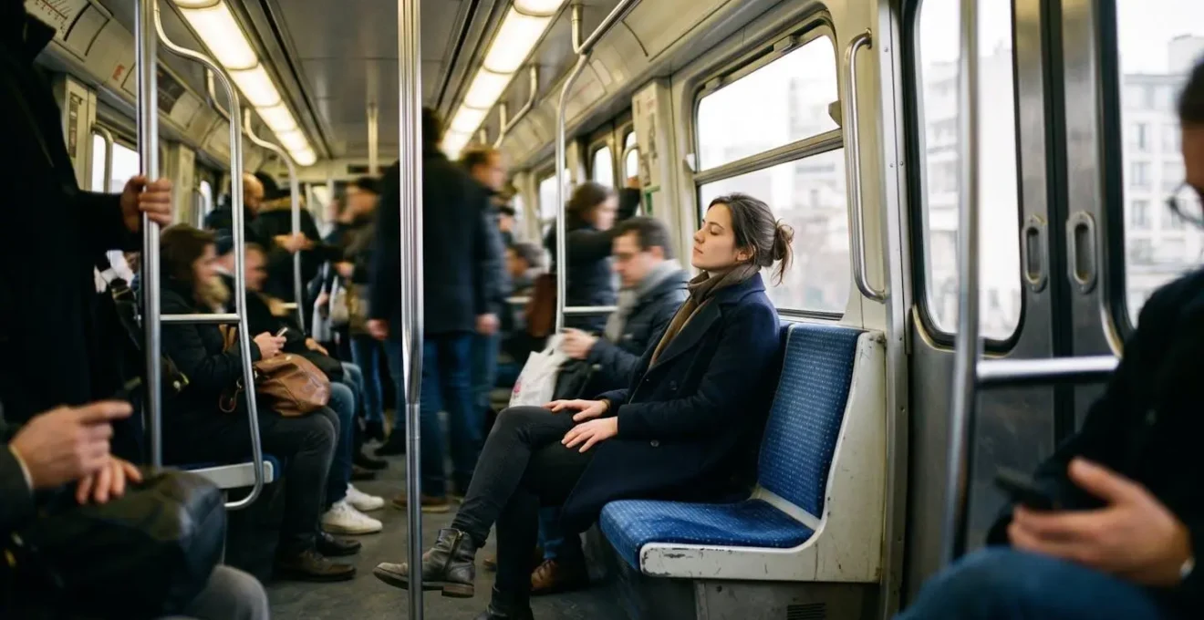 Personne effectuant un scan corporel mental dans les transports en commun français