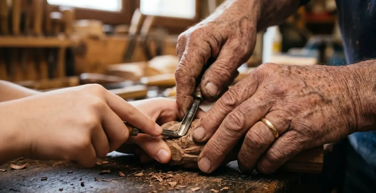 Artisan senior transmettant son savoir-faire à un jeune apprenti dans un atelier baigné de lumière naturelle