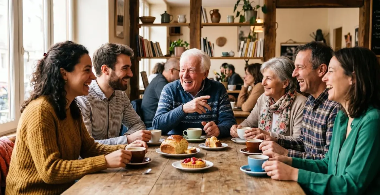 Groupe multigénérationnel partageant un moment convivial dans un café associatif français ensoleillé