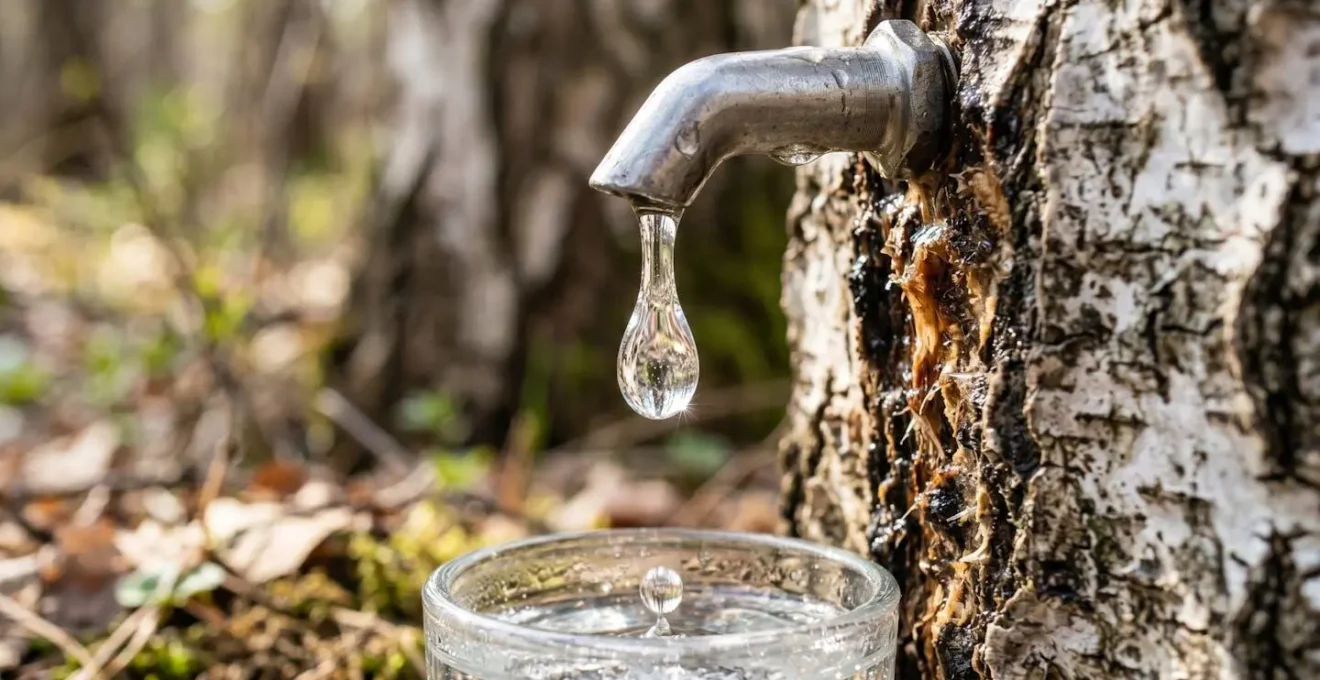 Récolte traditionnelle de sève de bouleau au printemps dans une forêt française
