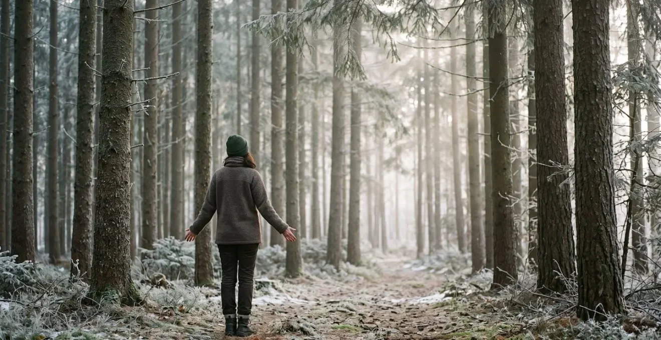 Personne en méditation dans une forêt hivernale, rayons de lumière filtrant entre les arbres
