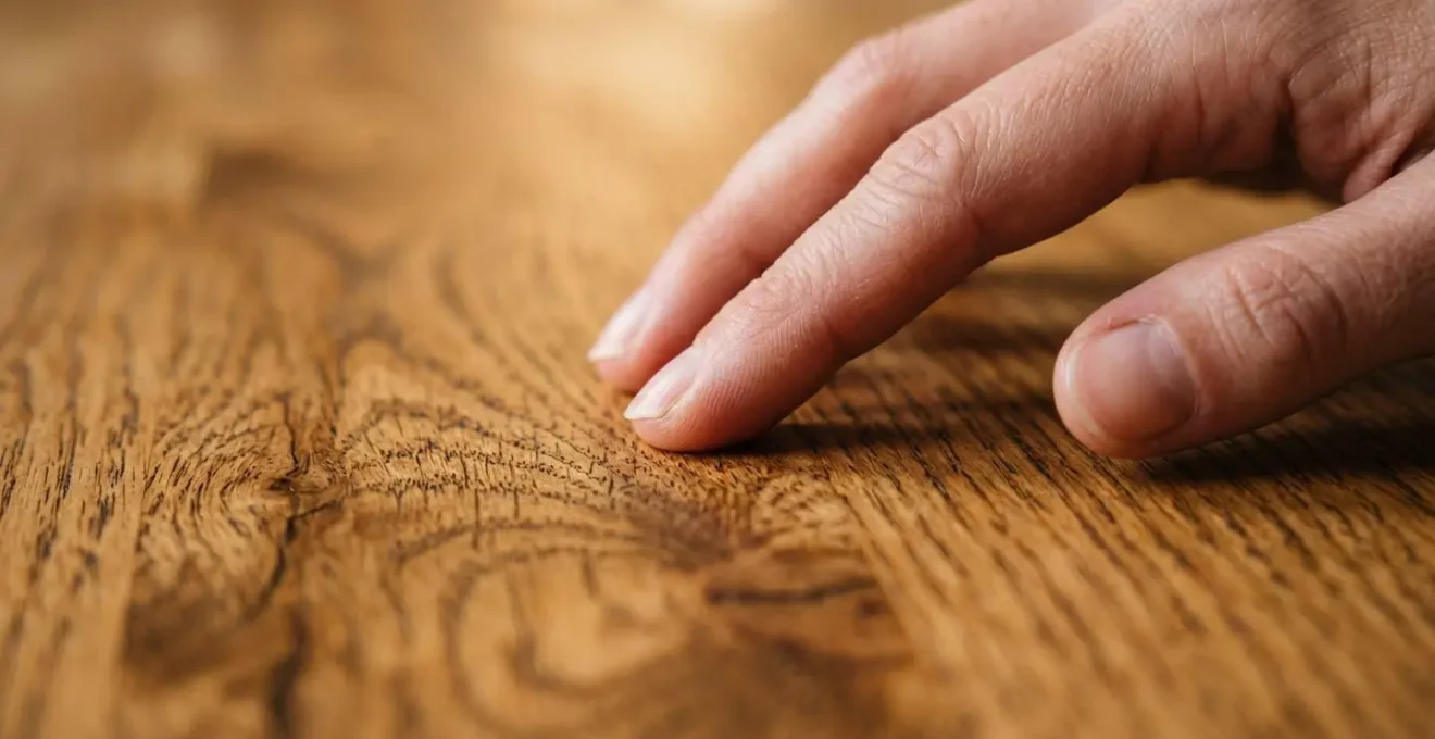 Gros plan sur une main touchant délicatement la texture d'une surface en bois