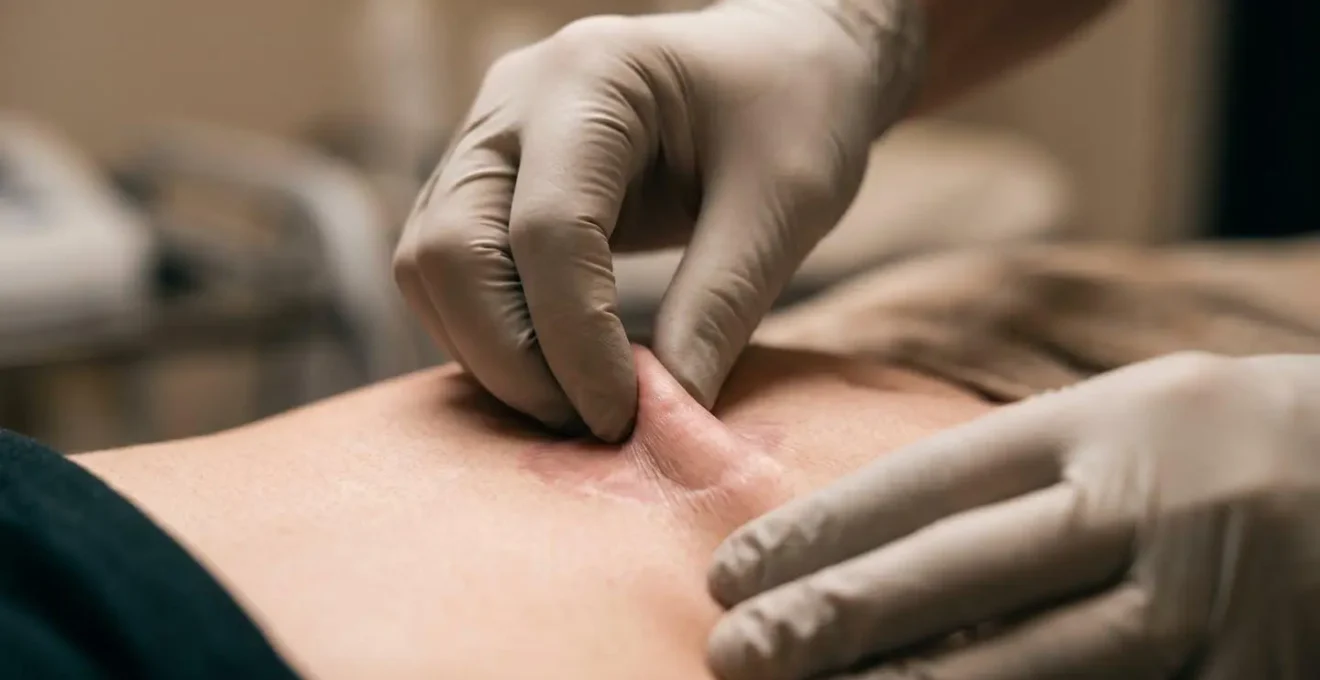 Démonstration de la technique du palper-rouler sur une cicatrice abdominale