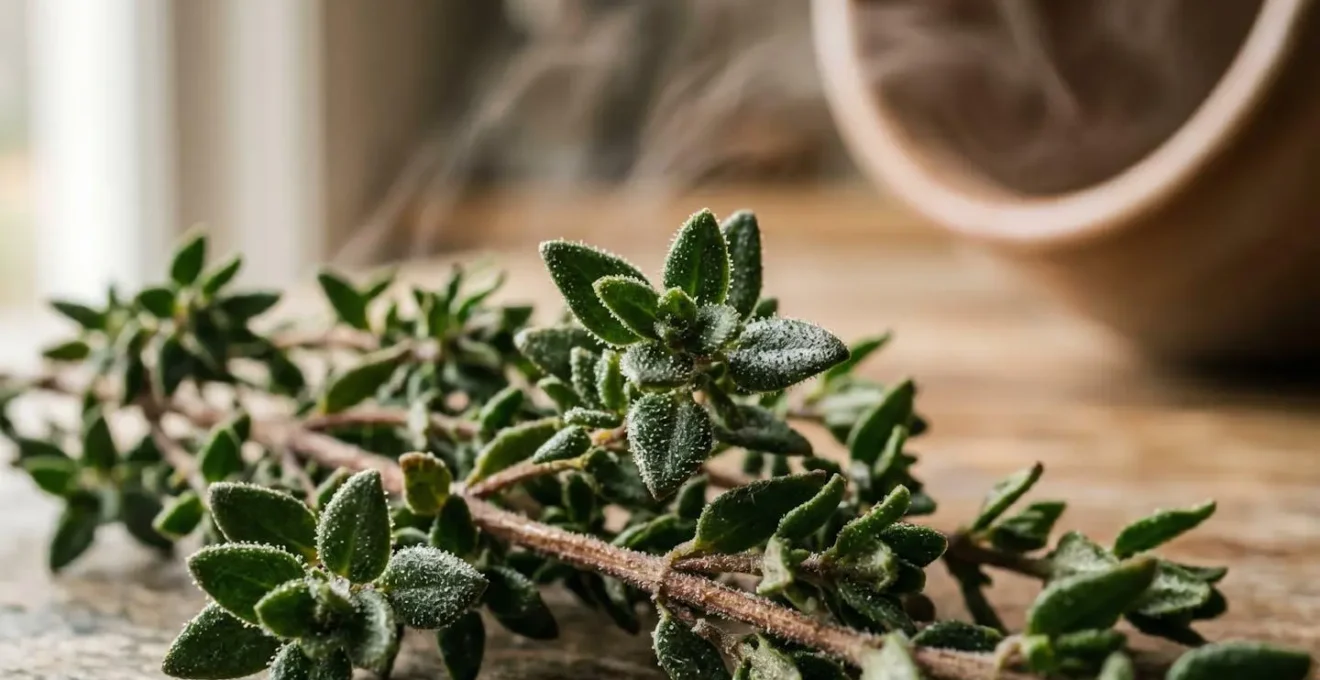 Brins de thym frais de Provence disposés près d'une tasse fumante dans une ambiance chaleureuse
