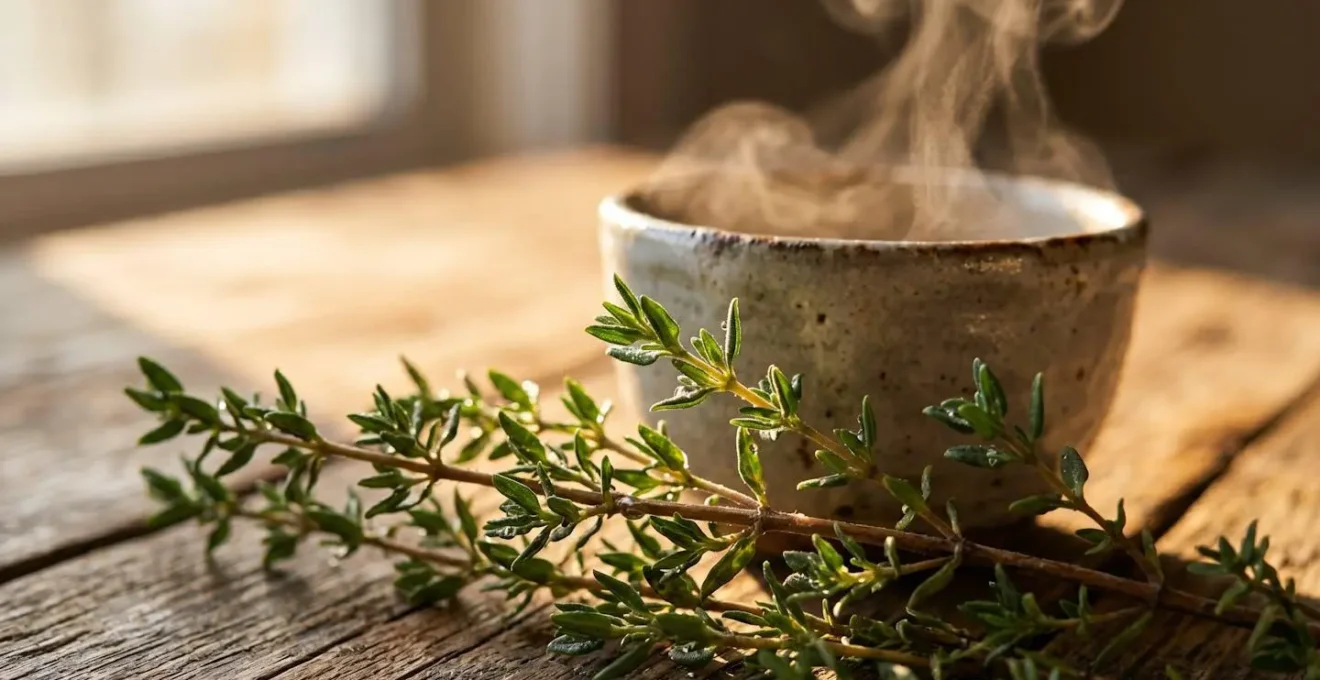 Branche de thym frais posée sur une table en bois avec vapeur s'élevant d'une tasse, ambiance hivernale chaleureuse