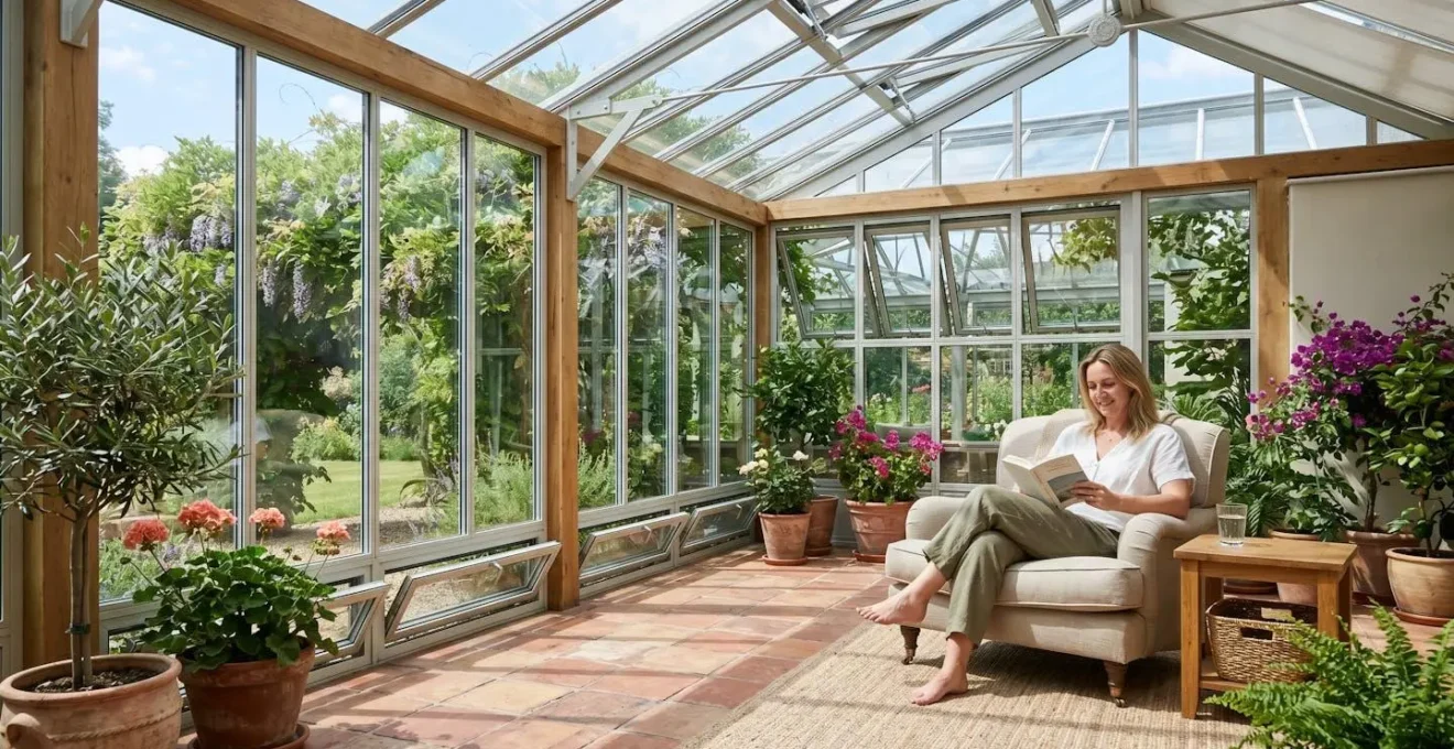 Vue intérieure d'une véranda bioclimatique confortable en été, avec végétation et systèmes de ventilation visibles.