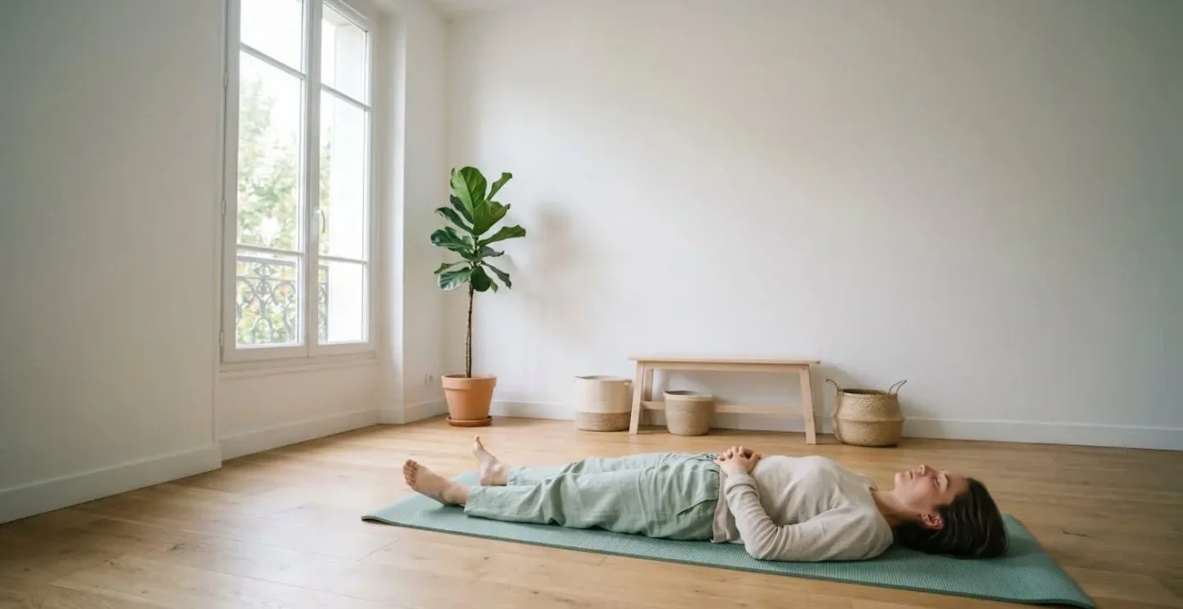 Personne en position allongée pratiquant une visualisation méditative dans un environnement calme