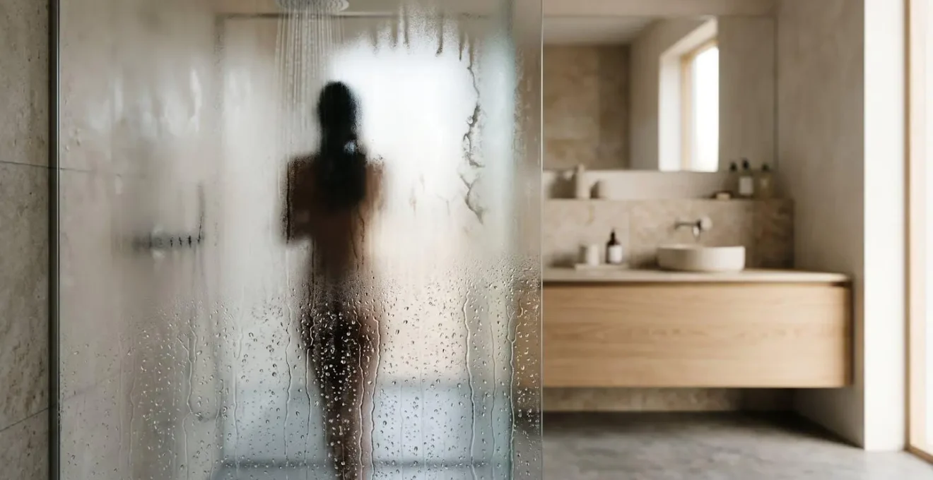 Personne sous une douche avec transition progressive eau chaude vers froide