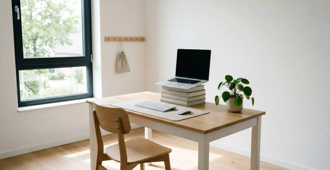 Environnement de travail ergonomique idéal avec un ordinateur portable sur un support, un clavier et une souris externes.